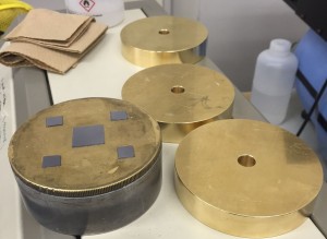Low-tech: CMP polishing plate with unpolished Si wafers fixed on with wax. ~ Rony Ballouz 