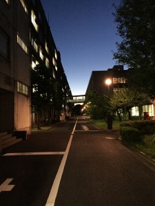 Yagami at Night: View from the entrance of the central research facility after sunset at Keio’s science campus. ~ Rony Ballouz