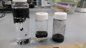 Caption: Left: DWCNT in Hexane, Center: Low concentration of DWCNT in water/ethanol solution, Right: High concentration of DWCNT in water/ethanol solution. ~ Benjamin Kaiser