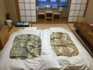 Old-school living: One example of the traditional Japanese culture we got to experience on the trip to Akita. The room was cozy and the futon and tatami were super comfortable! - Haihao Liu 