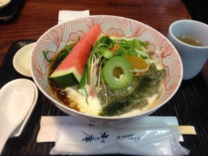 Soba in Kannai: Met up with two friends from Cornell and had this seasonal soba topped with fresh watermelon. We spent the rest of the afternoon in Motomachi looking at Victorian-style houses. ~ Shweta Modi