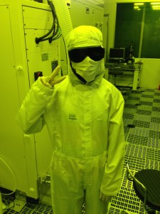 Photolithography Room – Bunny suit, UV glasses, latex gloves, uncomfortable shoes, and of course the obligatory “peace sign.” - Chandni Rana