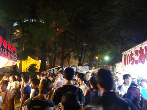Daniel, Mayssa, Masahiro, and I went to Tenjin Matsuri near Umeda. This was my first time going to a Japanese night festival and I have to say, I have never seen anything like it before. Food and game stalls line the streets and fireworks light the sky and liven the atmosphere. ~ Donald Swen