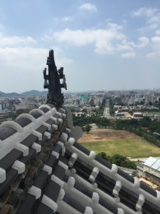 Himeji Shachi: The view from the top of Himeji Castle. The statue is a shachi, placed here as a charm for preventing fire. - Youssef Tobah