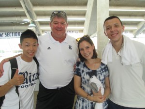 Rice International Football Clinic at Rice stadium: Helped me learn and experience American football. Took a photo with the head coach of Rice football and international students.