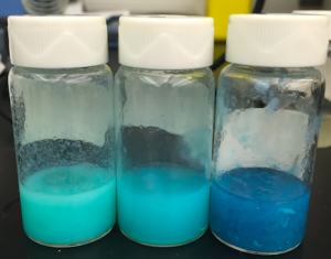 Highly porous gels. One of them is hard and has the features of highly porous (The right one “Blue gel” in the photo). ~ Toshihiro Takada 